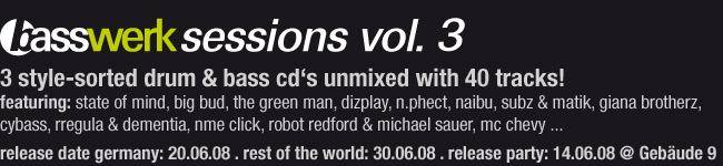 3 style-sorted drum & bass cd‘s unmixed with 40 tracks! featuring: state of mind, big bud, the green man, dizplay, n.phect, naibu, subz & matik, giana brotherz, cybass, rregula & dementia, nme click, robot redford & michael sauer, mc chevy ...